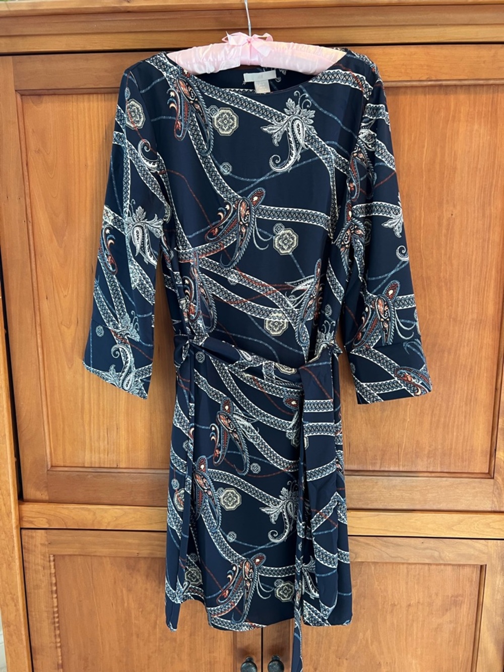 H&M Navy Paisley-Print Belted Long-Sleeve Dress